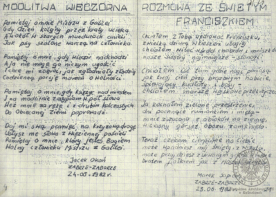 Wiersze i pieśni internowanych odnalezione w aktach Józefa Bujoczka, pracownika KWK „Julian”, internowanego w Zabrzu-Zaborzu i Uhercach (AIPN Ka 043/985, t. 2).