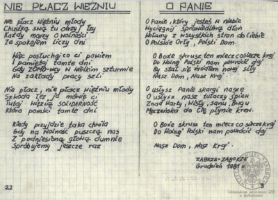 Wiersze i pieśni internowanych odnalezione w aktach Józefa Bujoczka, pracownika KWK „Julian”, internowanego w Zabrzu-Zaborzu i Uhercach (AIPN Ka 043/985, t. 2).