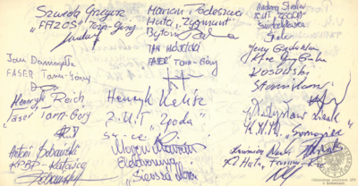 Pamiętnik z wpisami internowanych odnaleziony w aktach Józefa Bujoczka, pracownika KWK „Julian”, internowanego w Zabrzu-Zaborzu i Uhercach (AIPN Ka 043/985, t. 2, k. 7/29).