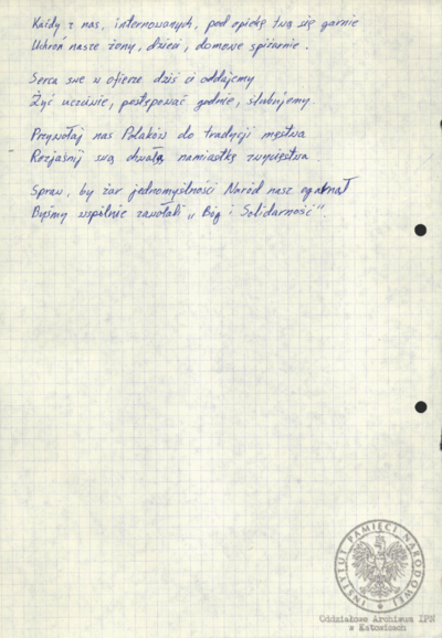 Wiersze, pieśni i modlitwy internowanych odnalezione w aktach Alfreda Cofalika, pracownika KWK „Szczygłowice, organizatora NSZZ „S” i KPN w tej kopalni, internowanego w Zabrzu-Zaborzu, Strzelcach Opolskich i Uhercach (AIPN Ka 043/1008).