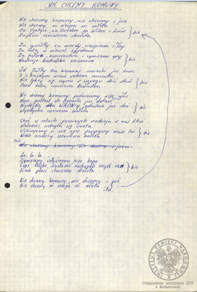 Wiersze, pieśni i modlitwy internowanych odnalezione w aktach Alfreda Cofalika, pracownika KWK „Szczygłowice, organizatora NSZZ „S” i KPN w tej kopalni, internowanego w Zabrzu-Zaborzu, Strzelcach Opolskich i Uhercach (AIPN Ka 043/1008).