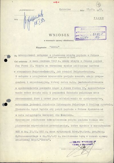 Wniosek Naczelnika Wydz. IV SB KWMO w Katowicach, ppłk. Jerzego Birnbacha, o wszczęcie sprawy obiektowej kryptonim „Zorza” z 17 stycznia 1983 r. (AIPN Ka 030/177, t. 1, k. 7)
