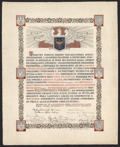 Akt objęcia Górnego Śląska przez Rzeczpospolitą. Zbiory Archiwum Państwowe w Katowicach.