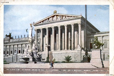 Wiedeń, centrala tamtejszej NSDAP (obecnie budynek parlamentu), 1943 r. Kolejna kartka wysłana przez rodziców z Czeladzi do Przeradza, do córki pracującej przymusowo (wydawnictwo Karla Kühne z Wiednia; IPN Ka 454/58)