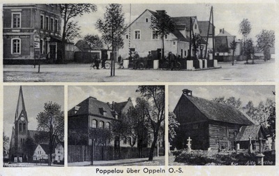 Popielów (dawniej Stary Popielów) w pow. opolskim: widok ogólny, nowy kościół, szkoła, stary kościół; kartka została wydana przed II wojną światową (wyd. M. Wientzek, Popielów; IPN Ka 04/2681)