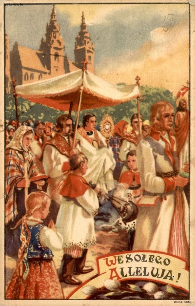 Kartka wysłana w 1943 r. do dziewczyny przebywającej na robotach przymusowych w Przeradzu na Pomorzu. Nadawcy (rodzice i brat) przesyłają jej życzenia, aby ta karta przeniosła ją w rodzinne strony (wyd. Krakowski Komitet Okręgowy – Towarzystwo Popierania Budowy Publicznych Szkół Powszechnych, Zakłady Graficzne „Styl”; IPN Ka 454/58)