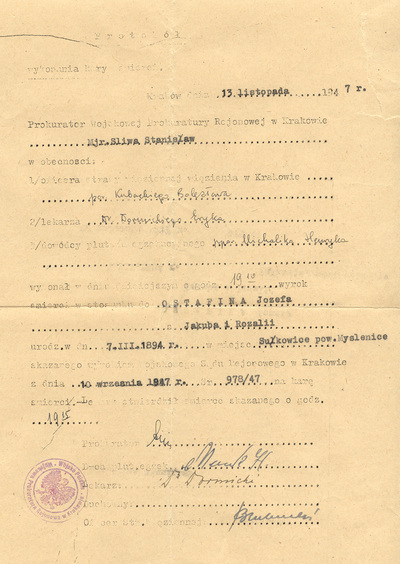 Protokół wykonania kary śmierci na Józefie Ostafinie