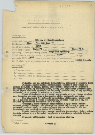 Ankieta dotycząca strajku w Zakładach Przemysłu Bawełnianego im.  „J. Marchlewskiego”, b.d. (sygn. AIPN Ld pf 10/749 t. 2, k. 202)
