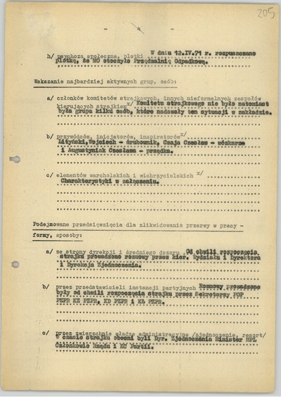 Ankieta dotycząca strajku w Zakładach Przemysłu Bawełnianego im.  „J. Marchlewskiego”, b.d. (sygn. AIPN Ld pf 10/749 t. 2, k. 205)
