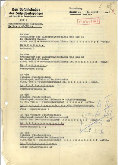 Pismo okólne Dowództwa Policji Bezpieczeństwa i SD Generalnego Gubernatorstwa dotyczące aresztowania gen. Michała Tokarzewskiego-Karaszewicza, Warszawa, 2 kwietnia 1942 r. (AIPN Ld 1/270, k. 6–8)