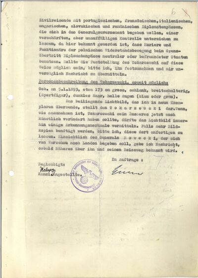 Pismo okólne Dowództwa Policji Bezpieczeństwa i SD Generalnego Gubernatorstwa dotyczące aresztowania gen. Michała Tokarzewskiego-Karaszewicza, Warszawa, 2 kwietnia 1942 r. (AIPN Ld 1/270, k. 6–8)
