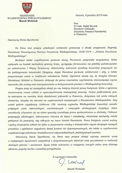 List gratulacyjny Marszałka Województwa Wielkopolskiego Marka Woźniaka