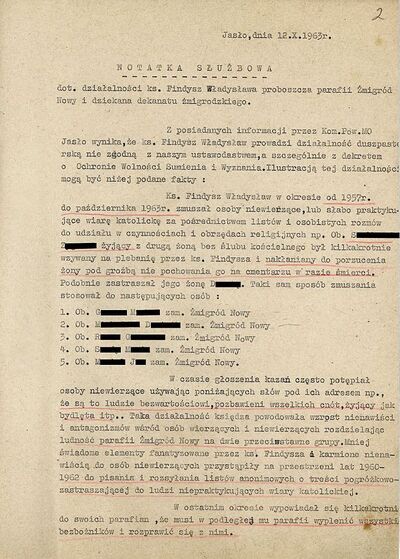Notatka służbowa sporządzona przez funkcjonariusza KPMO w Jaśle dotycząca działalności ks. Władysława Findysza IPN-Rz-34/39, k. 2, 3