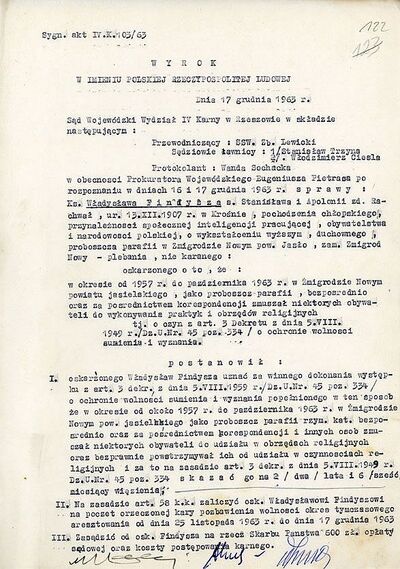 Wyrok Sądu Wojewódzkiego w Rzeszowie skazujący ks. Władysława Findysza na 2,5 roku więzienia IPN-Rz-34/39, k. 122