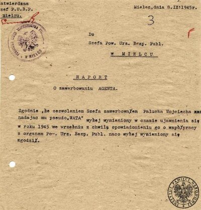 Raport o zwerbowaniu agenta ps. „Wat” (później zmieniono mu pseudonim na „Tor”)