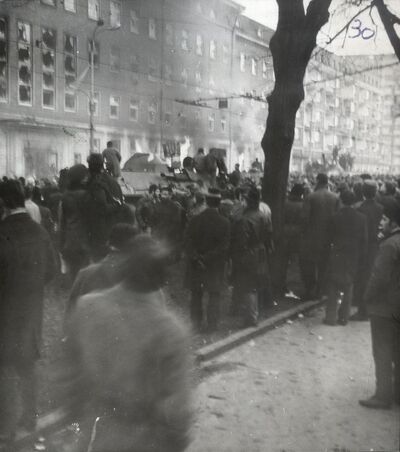 Demonstranci i wojsko przed budynkiem KW PZPR w Szczecinie. (IPN Sz 0012/323 t. 1)