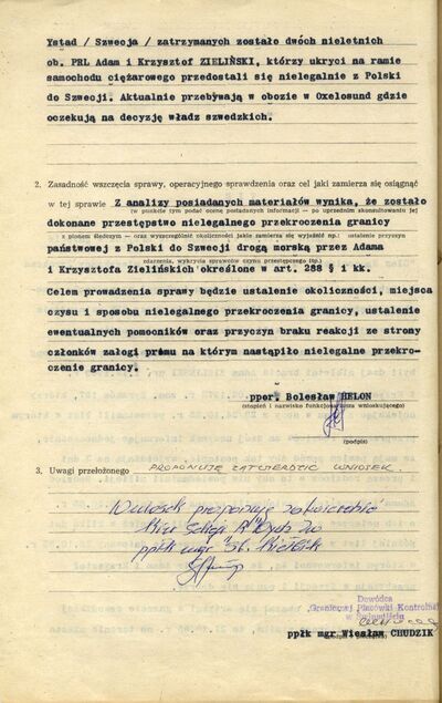 Wniosek o wszczęcie Sprawy Operacyjnego Sprawdzenia kryptonim „TIR”. Świnoujście 22 listopada 1985 r. (IPN Sz 0068/498, k. 5v)