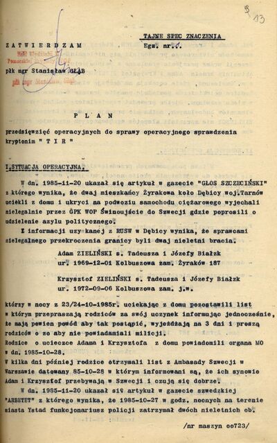 Plan przedsięwzięć operacyjnych do Sprawy Operacyjnego Sprawdzenia kryptonim „TIR”. (IPN Sz 0068/498, k. 13)