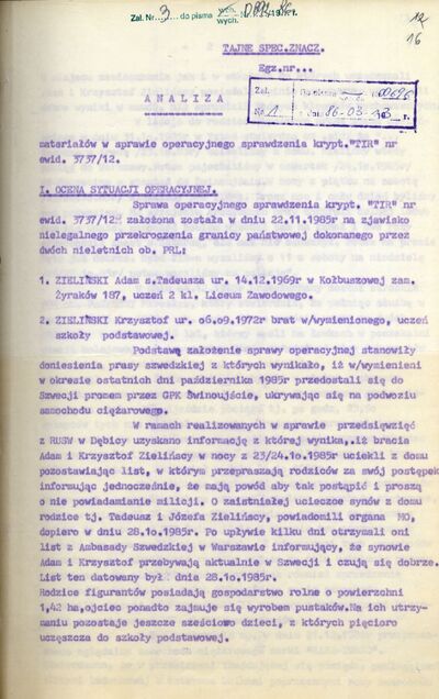 Analiza materiałów w Sprawie Operacyjnego Sprawdzenia kryptonim „TIR”. (IPN Sz 0068/498, k. 16)