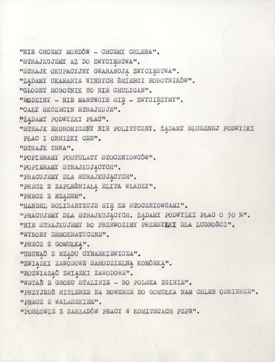Hasła rozpowszechniane na terenie Szczecina w okresie Wydarzeń Grudniowych 1970 r. (Sygn. IPN Sz 0012/323 t. 1).