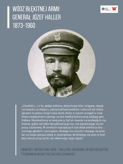 Grafika przedstawia Józefa Hallera z okresu służby w Legionach Polskich oraz tekst opisujący zasługi generała podczas wojny polsko-bolszewickiej.